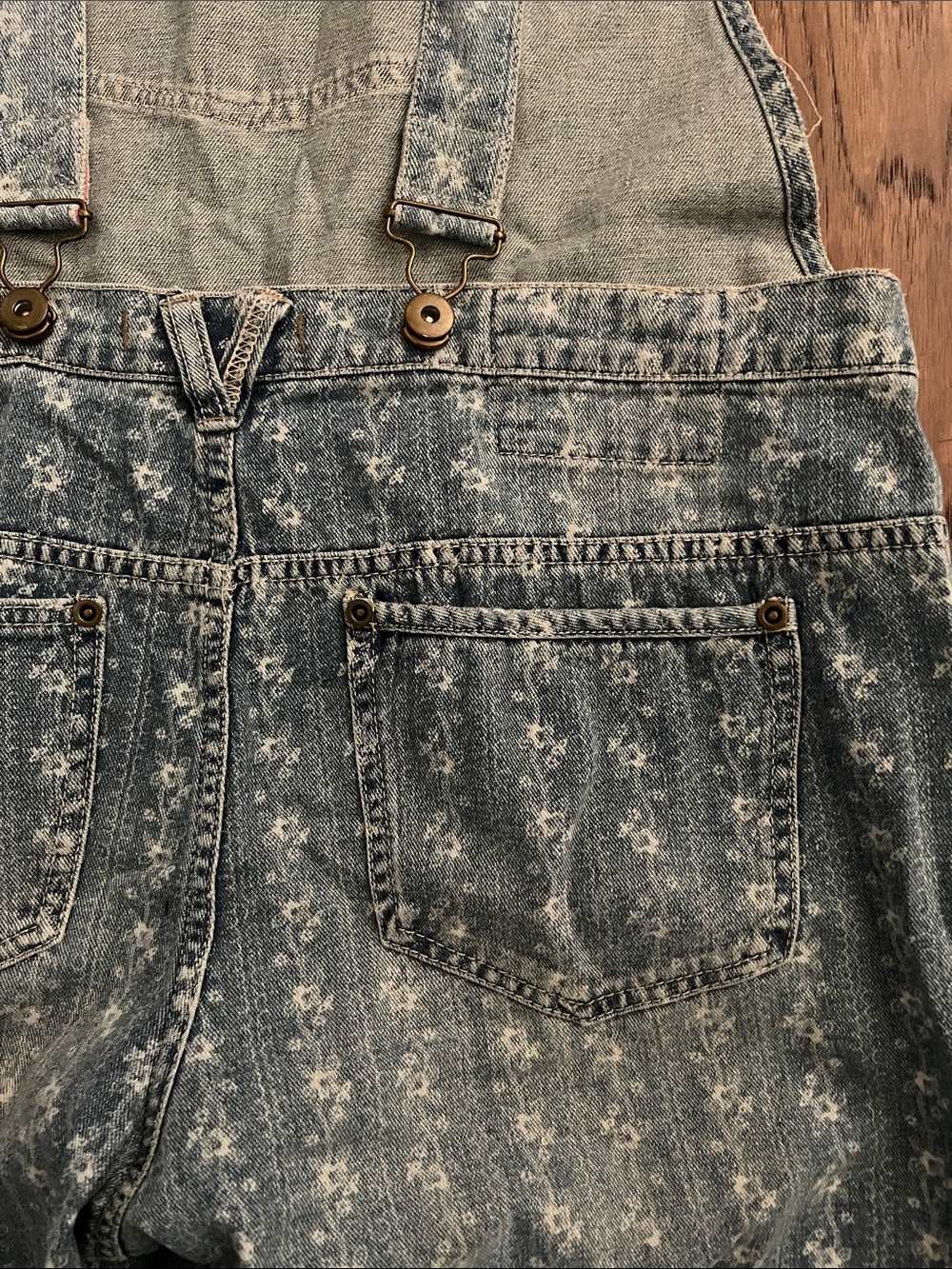 FP Distressed Light Blue Denim Overalls w/pink&white fabric on back of strap - Picture 8 of 14